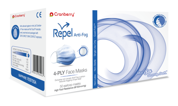 Repel Face Mask Antifog 4-Ply ASTM Level 3, 50/Box Repel Face Mask Antifog 4-Ply ASTM Level 3, 50/Box